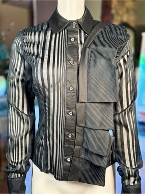 Antonio Berardi 100% Cotton Semi-Sheer Stripe Asymmetrical Ruffle Blouse Sz 40/4